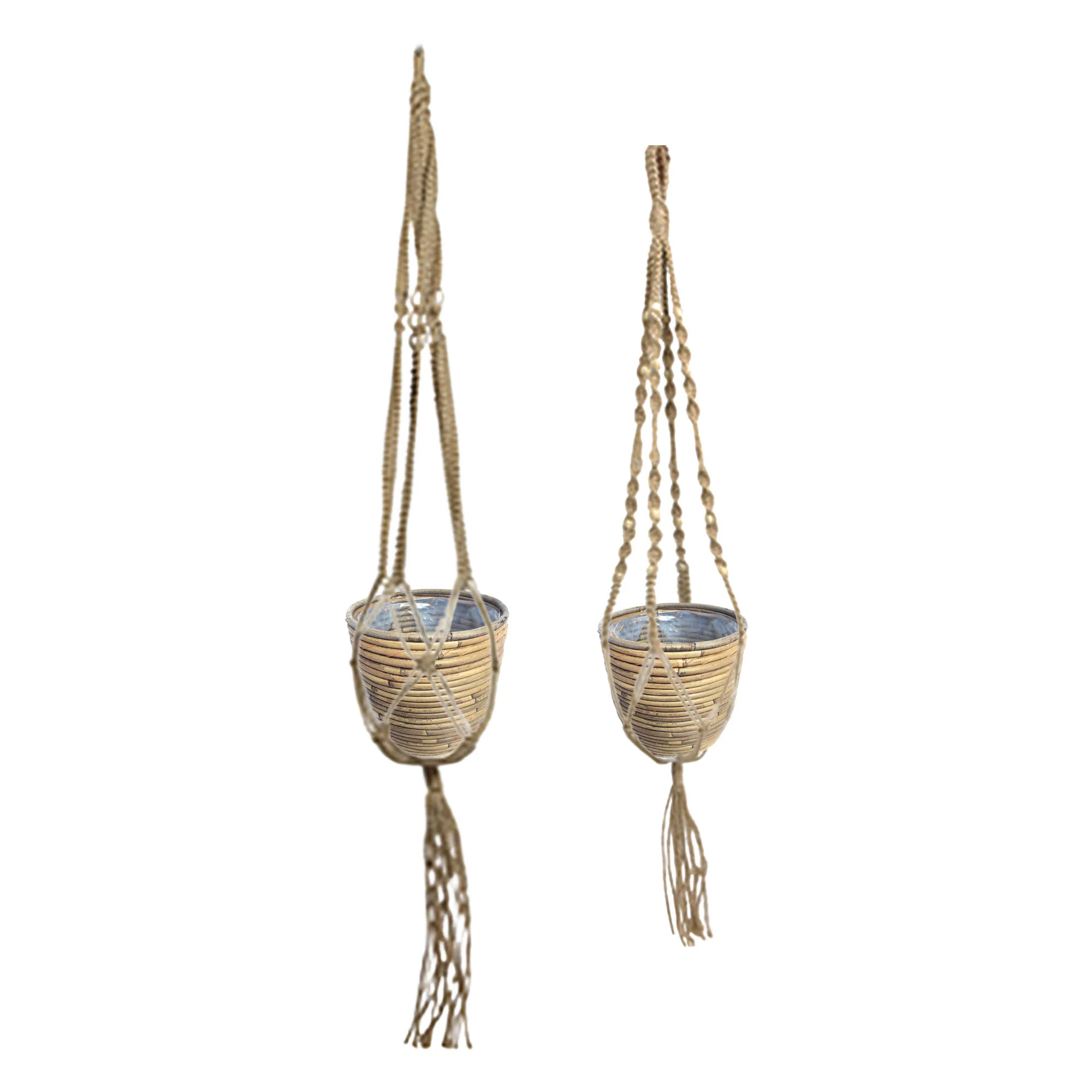 2x Rotin Cache-pot Macrame 'Ballon Stripe' naturel avec suspension pour plante